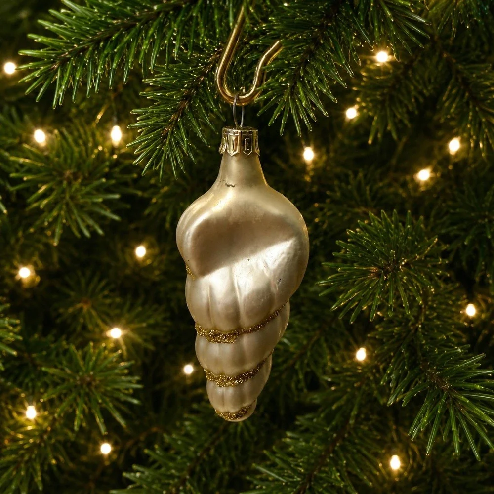 Pier 1 Set of 9 Glass Christmas Ornament Set Gold Glitter Balls Conch Shells